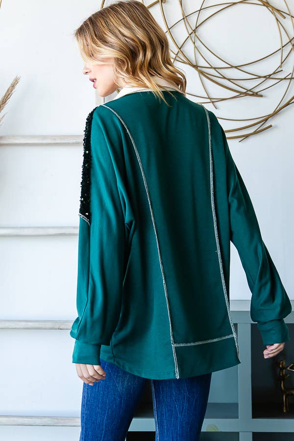 Dark Green Sequin Oversized Top