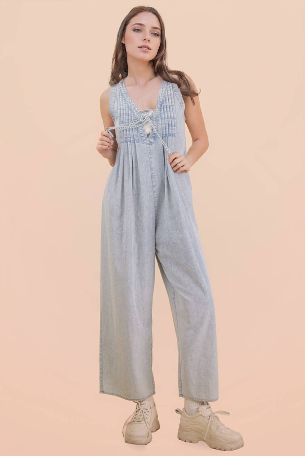 Melissa Pintuck Detail Washed Denim Wide Leg Jumpsuit