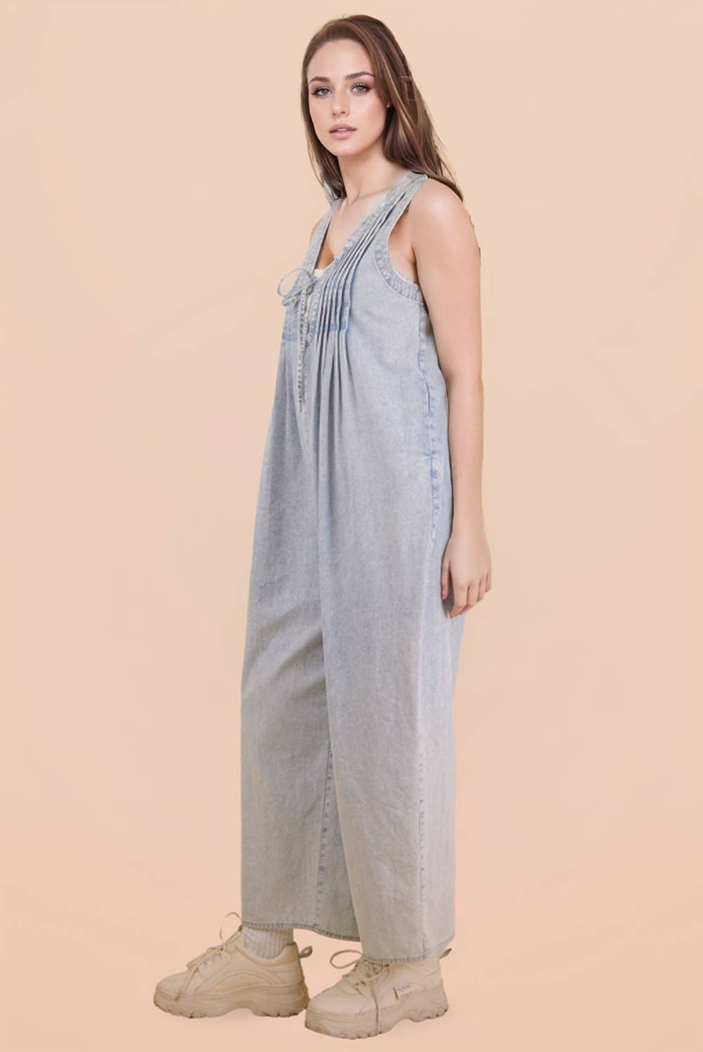 Melissa Pintuck Detail Washed Denim Wide Leg Jumpsuit