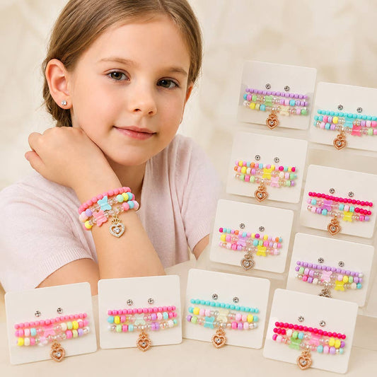 12 SET OF 4 - Kids Heart Charm Butterfly Beaded Stretch Bracelet Earring Set