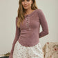 WASHED LONG SLEEVE RIBBED HENLEY KNIT TOP