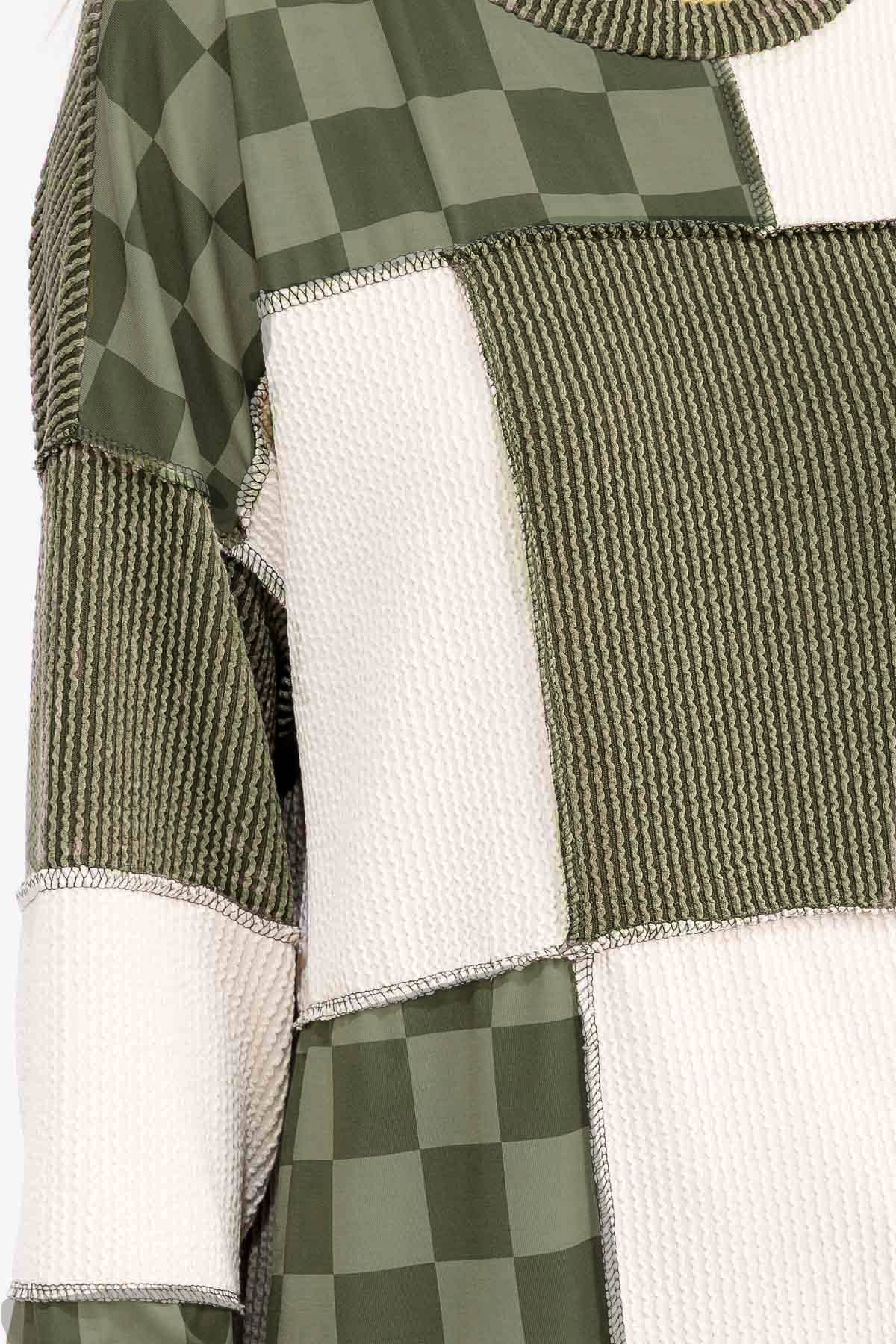 Patchwork Rib And Checkerboard Pullover Top