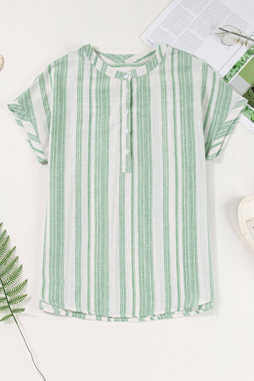 Stripe Half Buttoned Short Sleeve Blouse