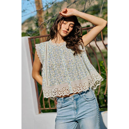 FLORAL PRINT WOVEN BUTTON DOWN TRIMMED BLOUSE TOP