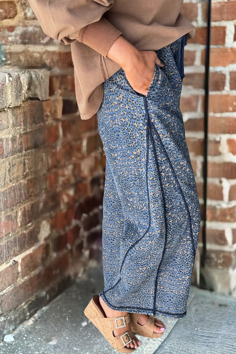 Leopard Print Exposed Seam Detail Wide Leg Drawstring Jeans