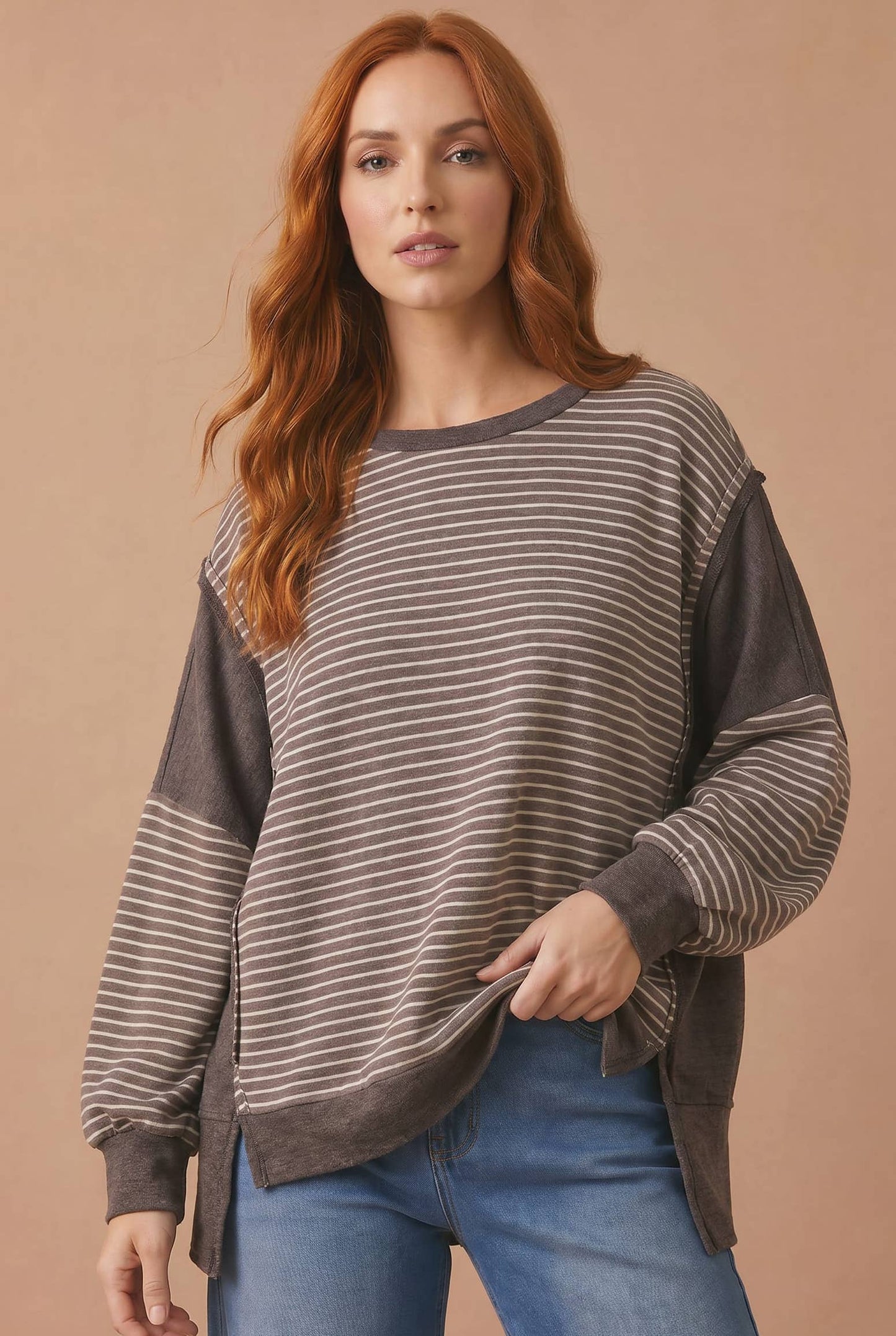 Drop Shoulder Stripe Color Block Pullover Top