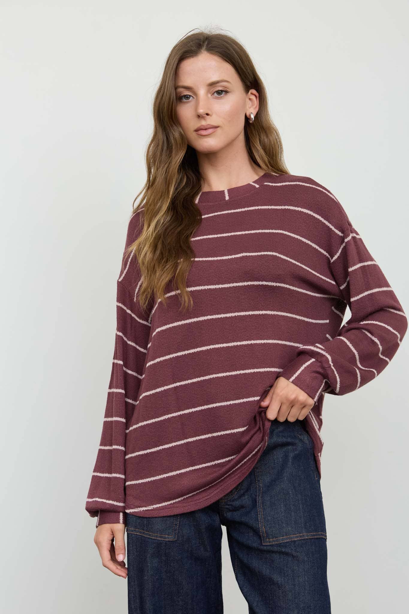 STRIPE LONG SLEEVE CUFFED RELAXED KNIT TOP