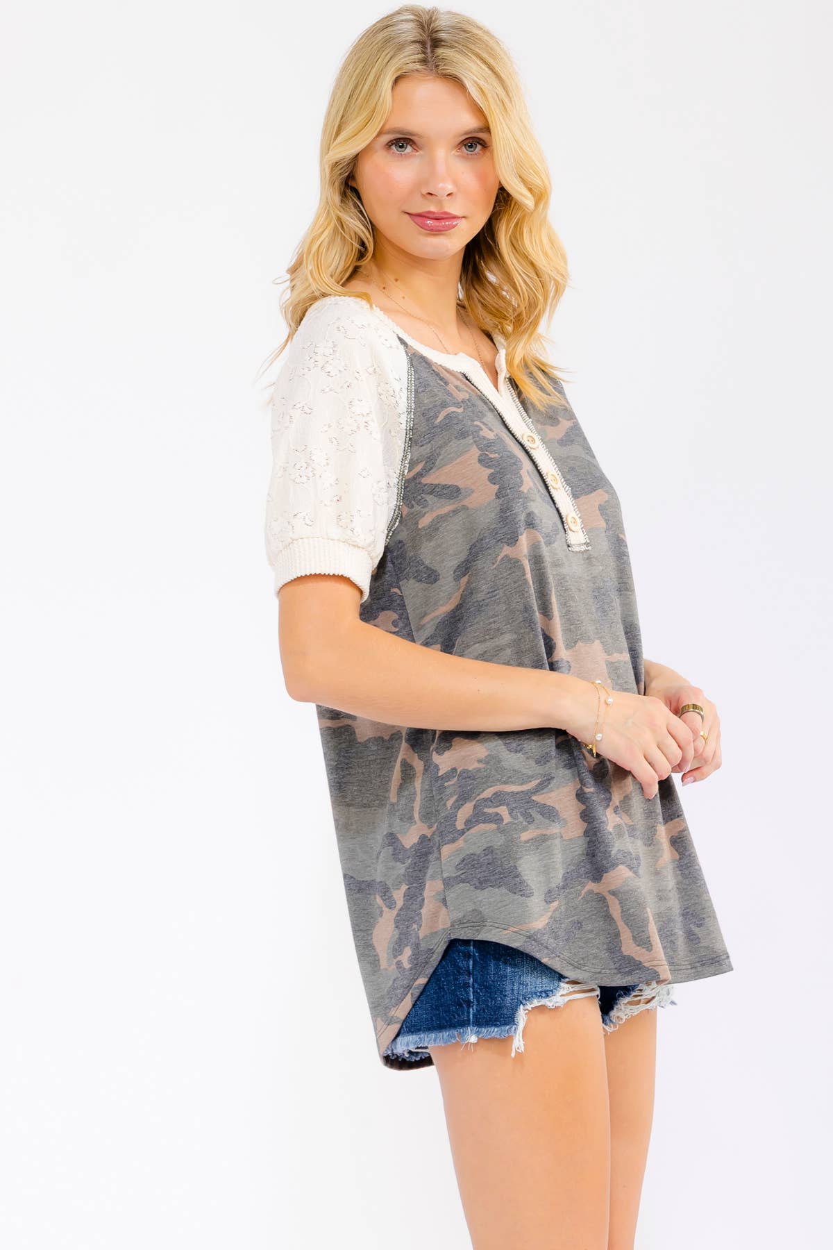 Camo Short Sleeve Henley Top