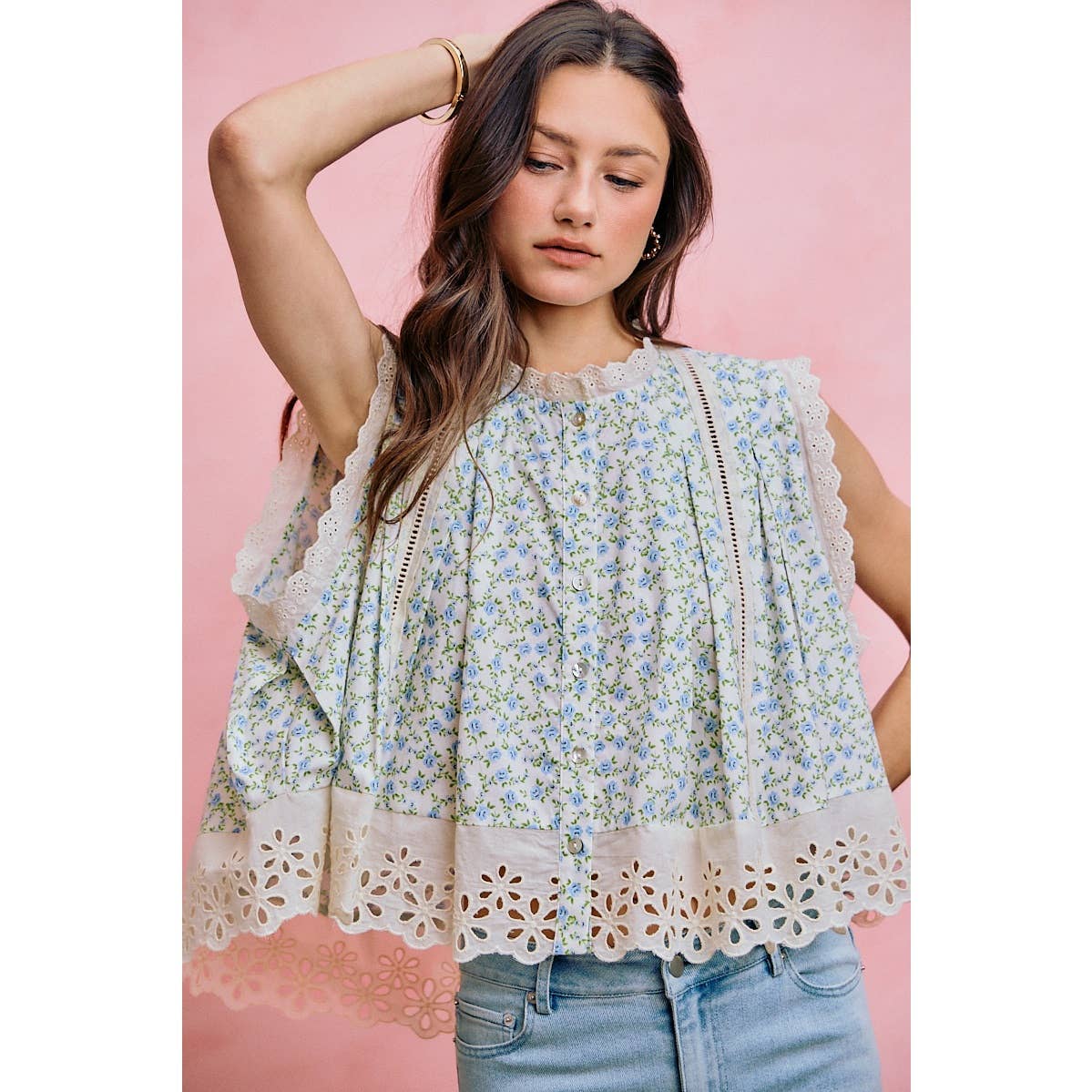 FLORAL PRINT WOVEN BUTTON DOWN TRIMMED BLOUSE TOP
