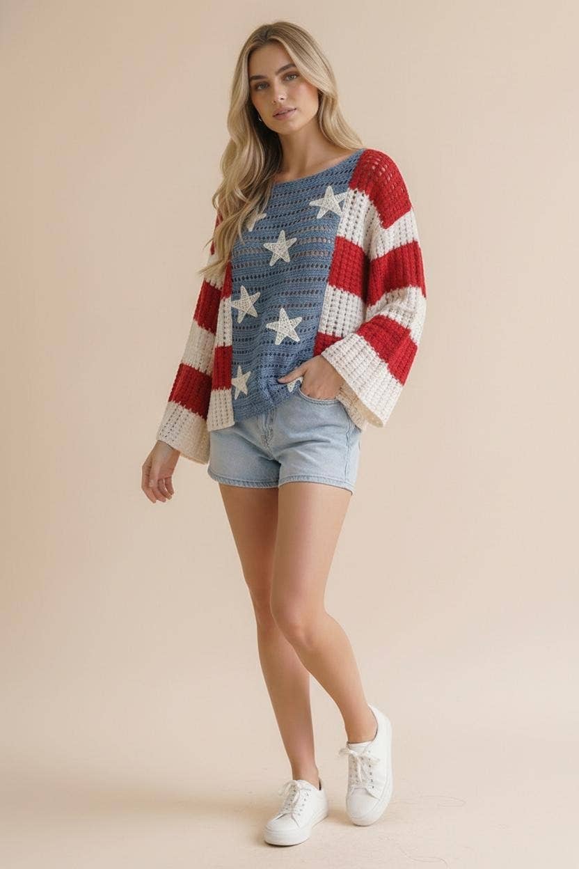 Long Sleeve Star and Stripe Crochet Sweater