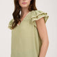 V NECK WAVY TRIM RUFFLE SLEEVE TOP