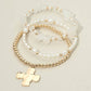 3PCS - Hammered Metal Cross Charm Pearl Beaded Stretch Multi Layered Bracelets
