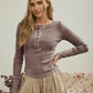 WASHED LONG SLEEVE RIBBED HENLEY KNIT TOP