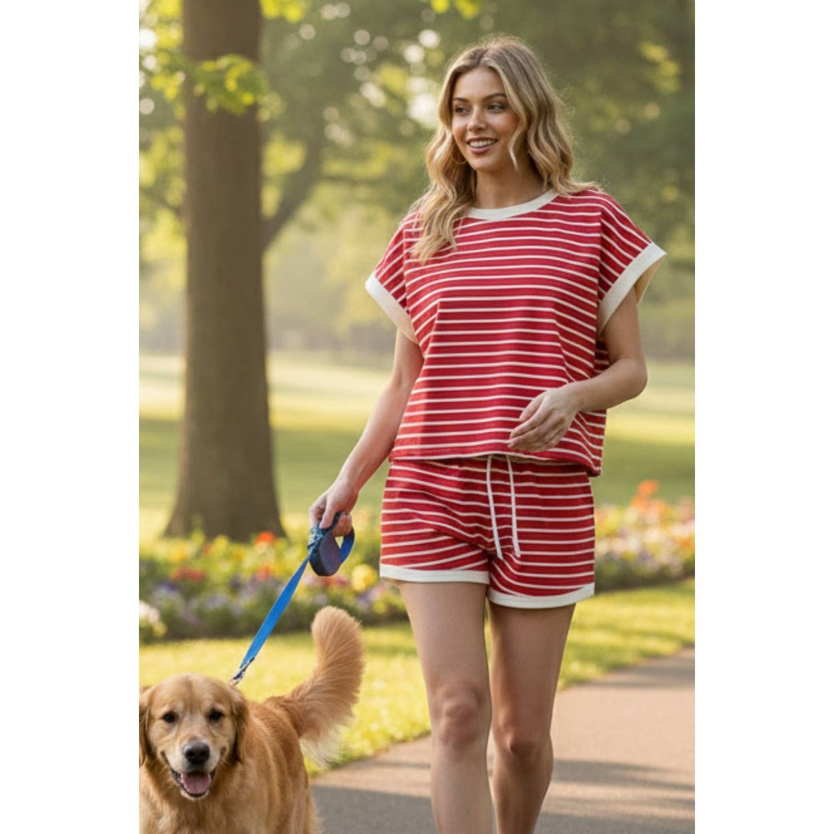 Contrast Striped Round Neck Top & Shorts Set Loungewear