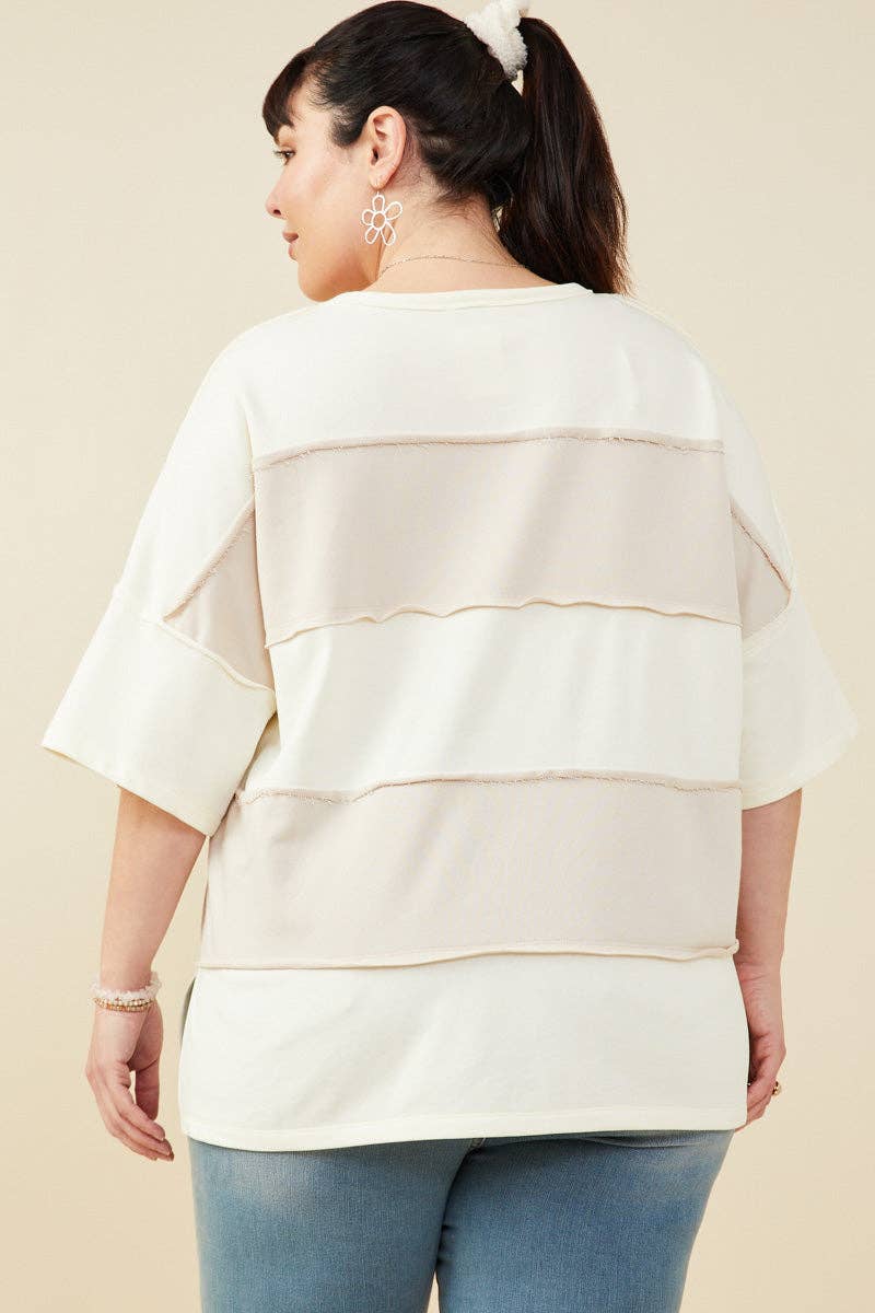 Womens Raw Edge Detail Color Block French Terry Knit Top