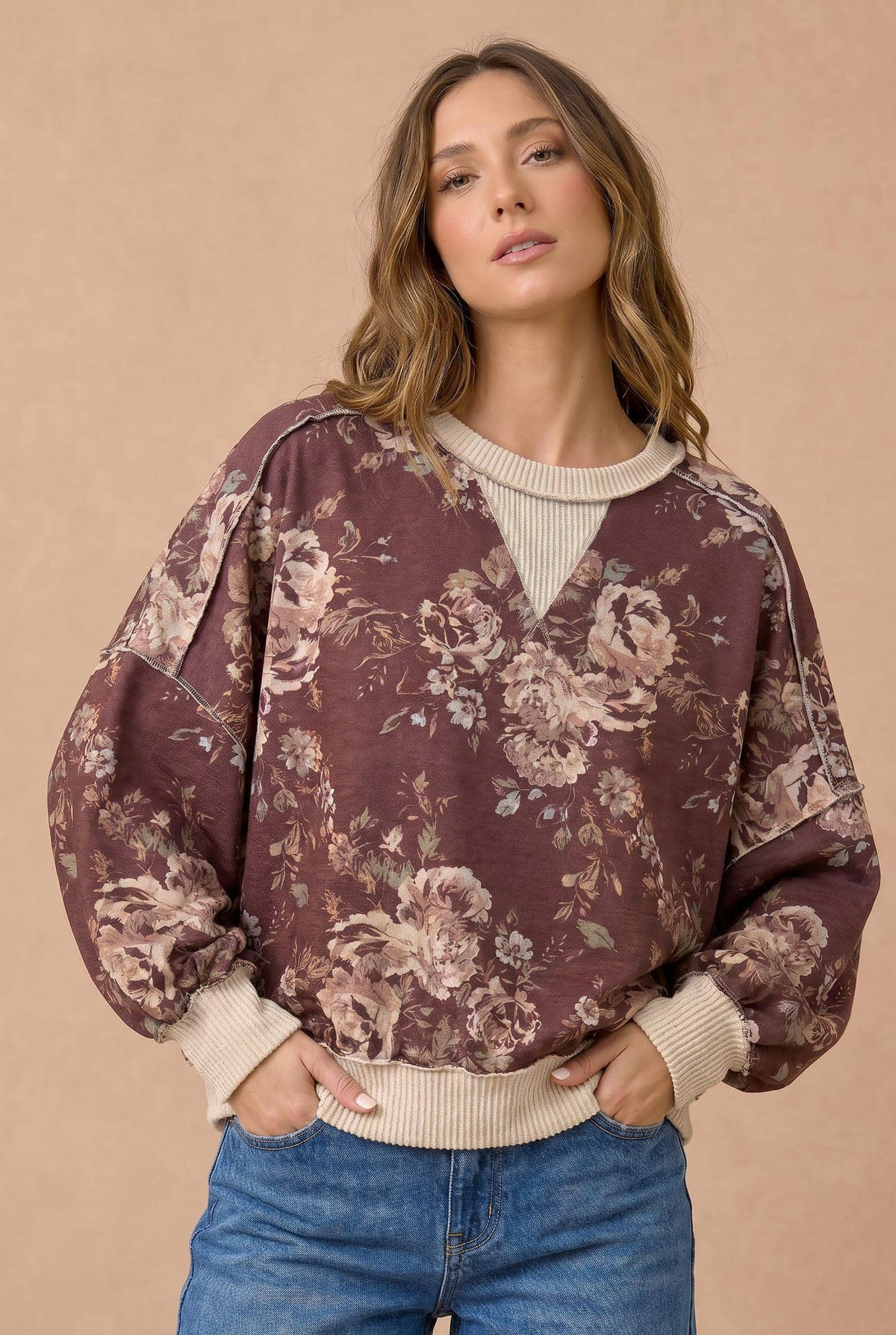 Color Block Floral Pullover Knit Top