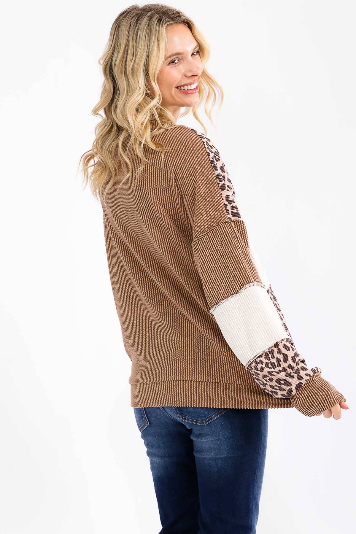 Leopard Patchwork Color Block Rib Knit Pullover Top
