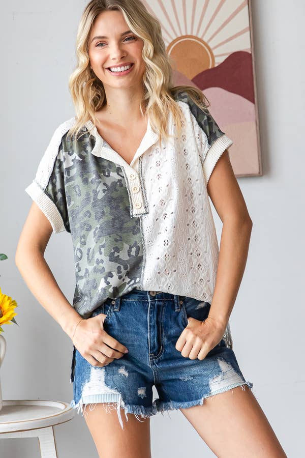 Camo Animal Lace Contrast Button Front Short Sleeve