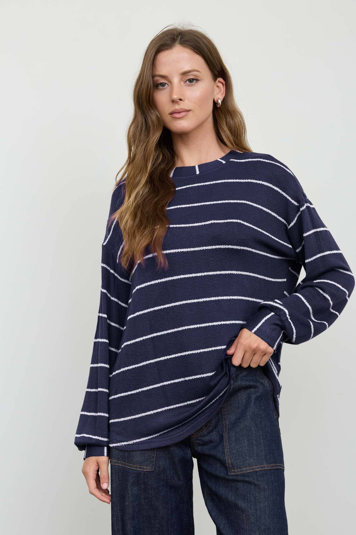 STRIPE LONG SLEEVE CUFFED RELAXED KNIT TOP