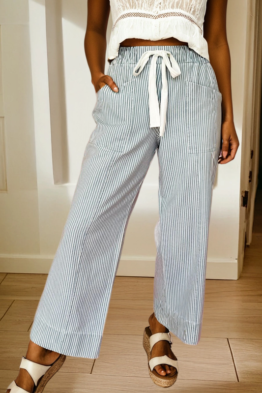 Stripe Mid Rise Drawstring Waist Jeans