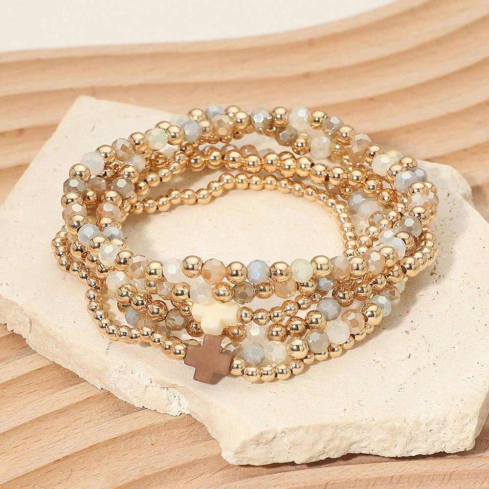 6PCS - Cross Charm Faceted Beaded Stretch Multi Layered Bracelets