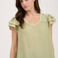 V NECK WAVY TRIM RUFFLE SLEEVE TOP