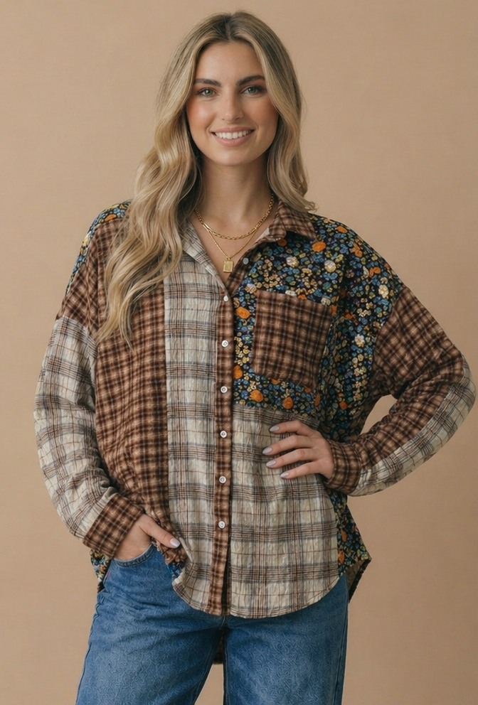 Plus Button Down Color Block Oversized Top
