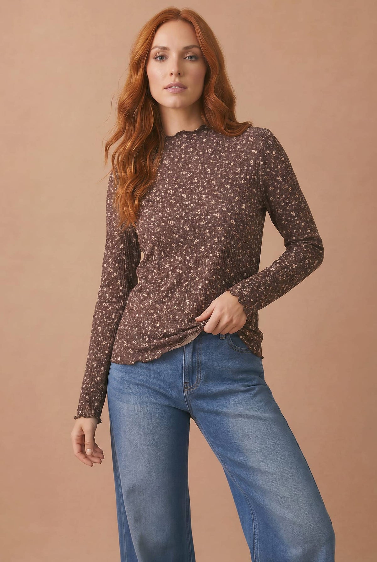 Floral Embossed Rib Frilled Merrow Hem Top