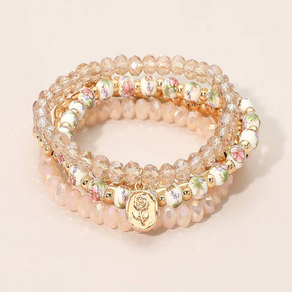 5PCS - Flower Stem Embossed Oval Charm Faceted Beaded Stretch Multi Layered Bracelets