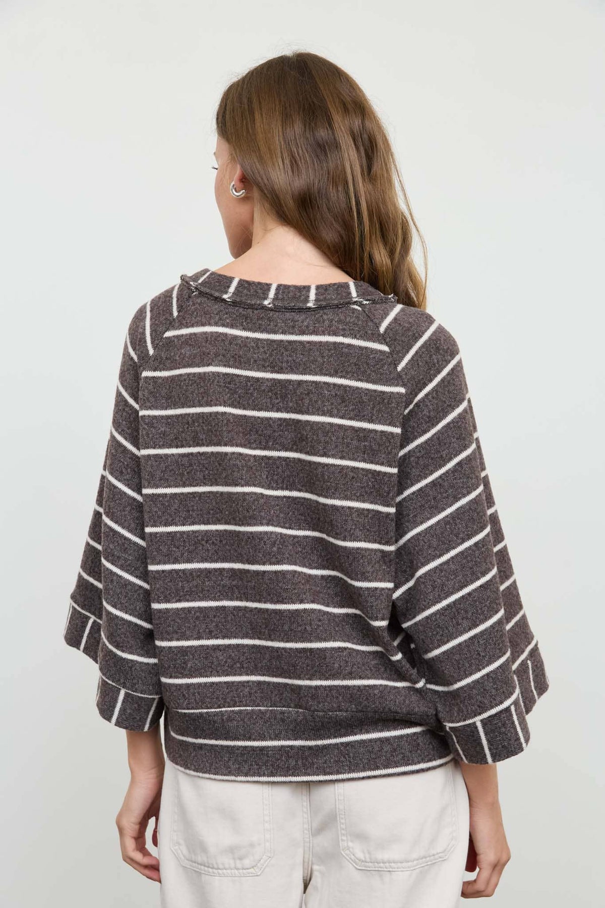 STRIPE HENLEY WIDE LONG SLEEVE KNIT TOP