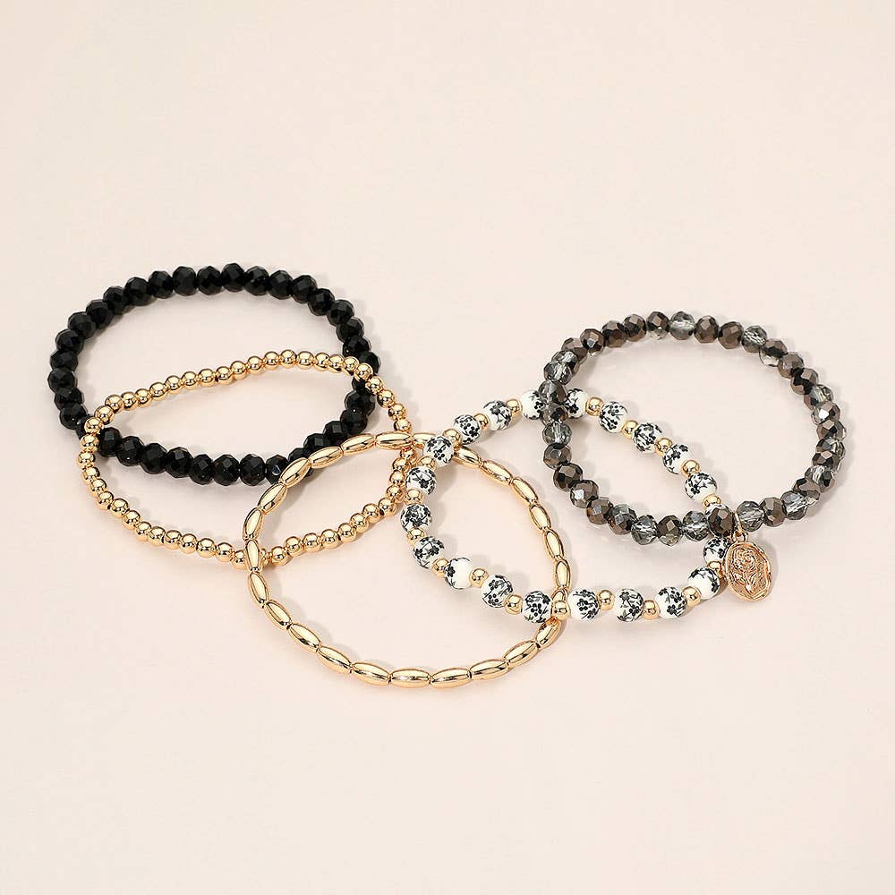 5PCS - Flower Stem Embossed Oval Charm Faceted Beaded Stretch Multi Layered Bracelets