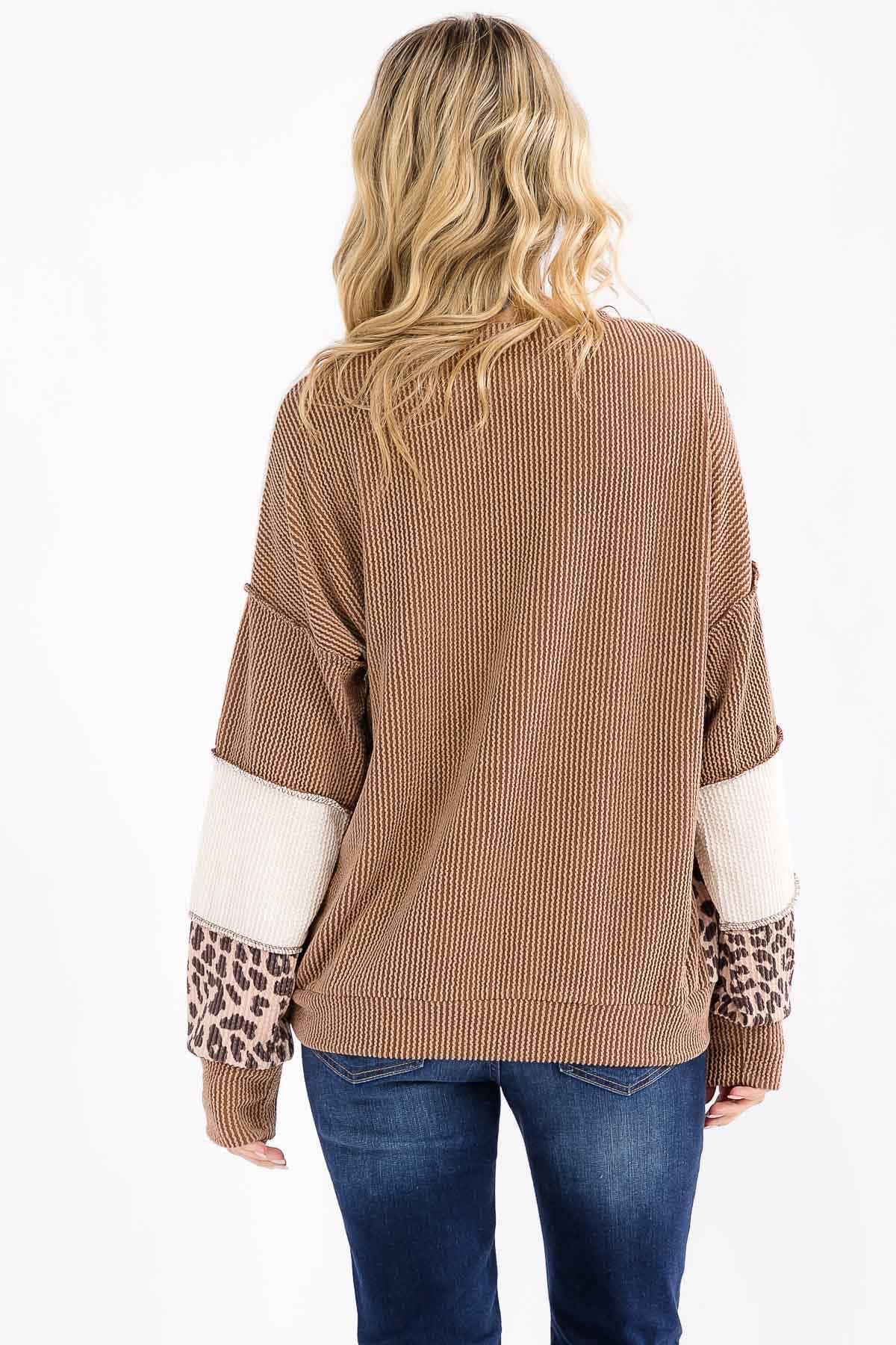 Leopard Patchwork Color Block Rib Knit Pullover Top