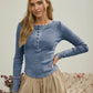 WASHED LONG SLEEVE RIBBED HENLEY KNIT TOP