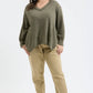 PLUS V NECK ASYMMETRICAL HEM LONG SLEEVE KNIT TOP