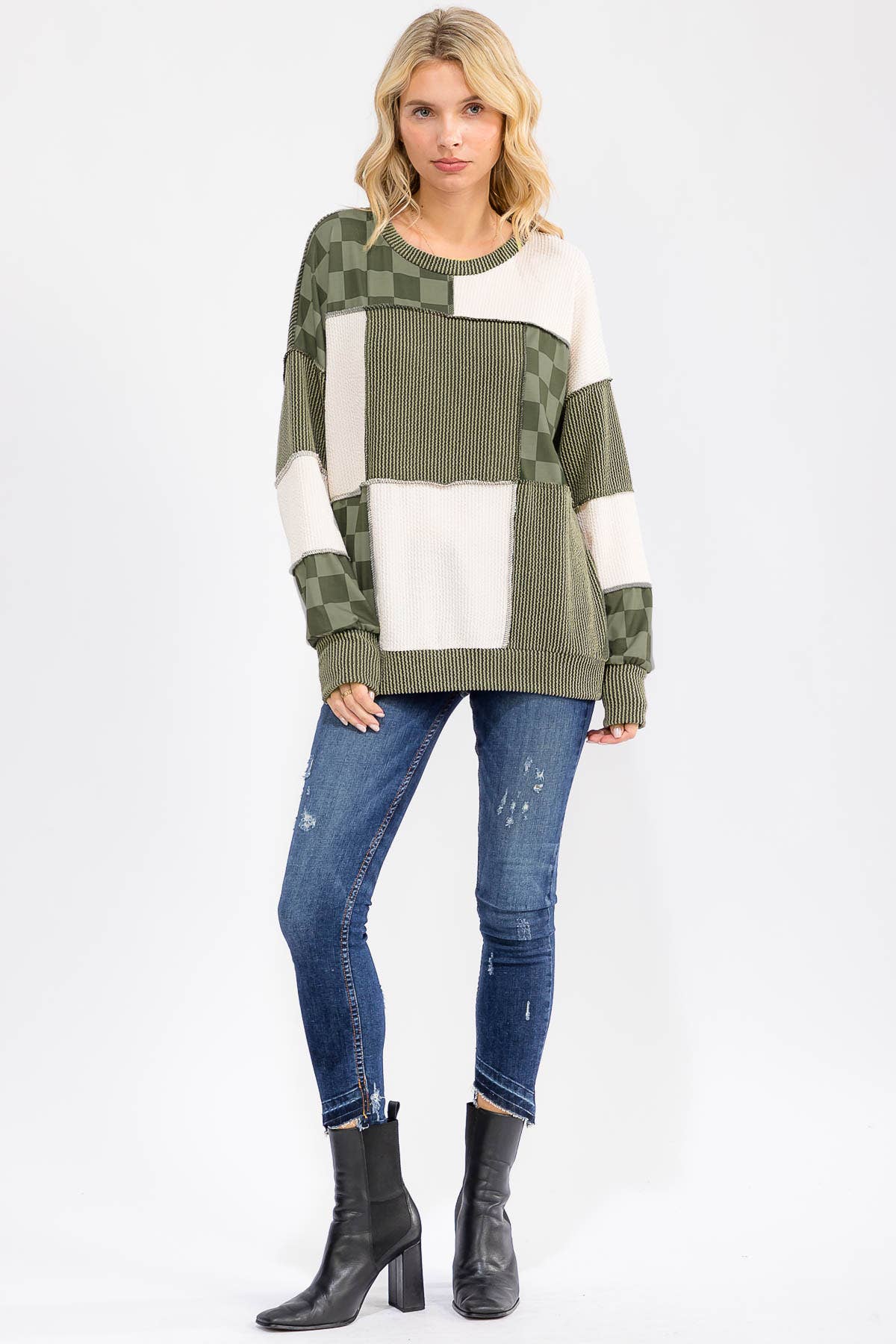 Patchwork Rib And Checkerboard Pullover Top
