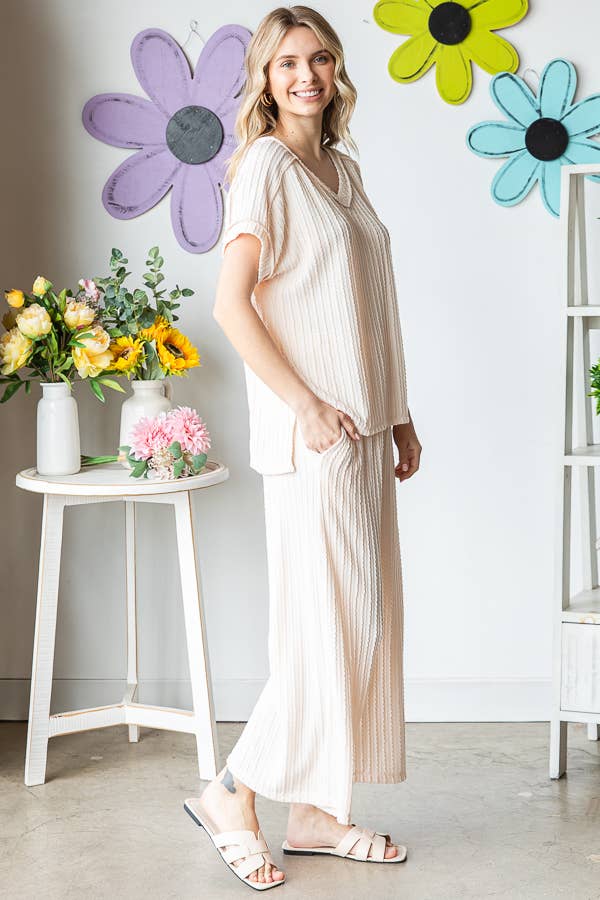 Textured V neck Top And Wide Leg Lounge Set