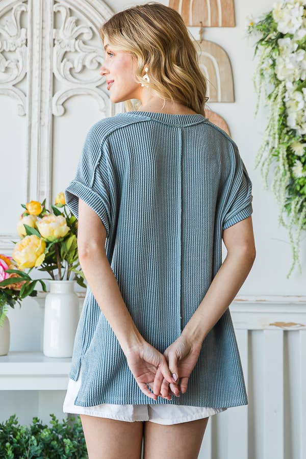 Solid Rib Drop Shoulder Side Slit Short Sleeve Top