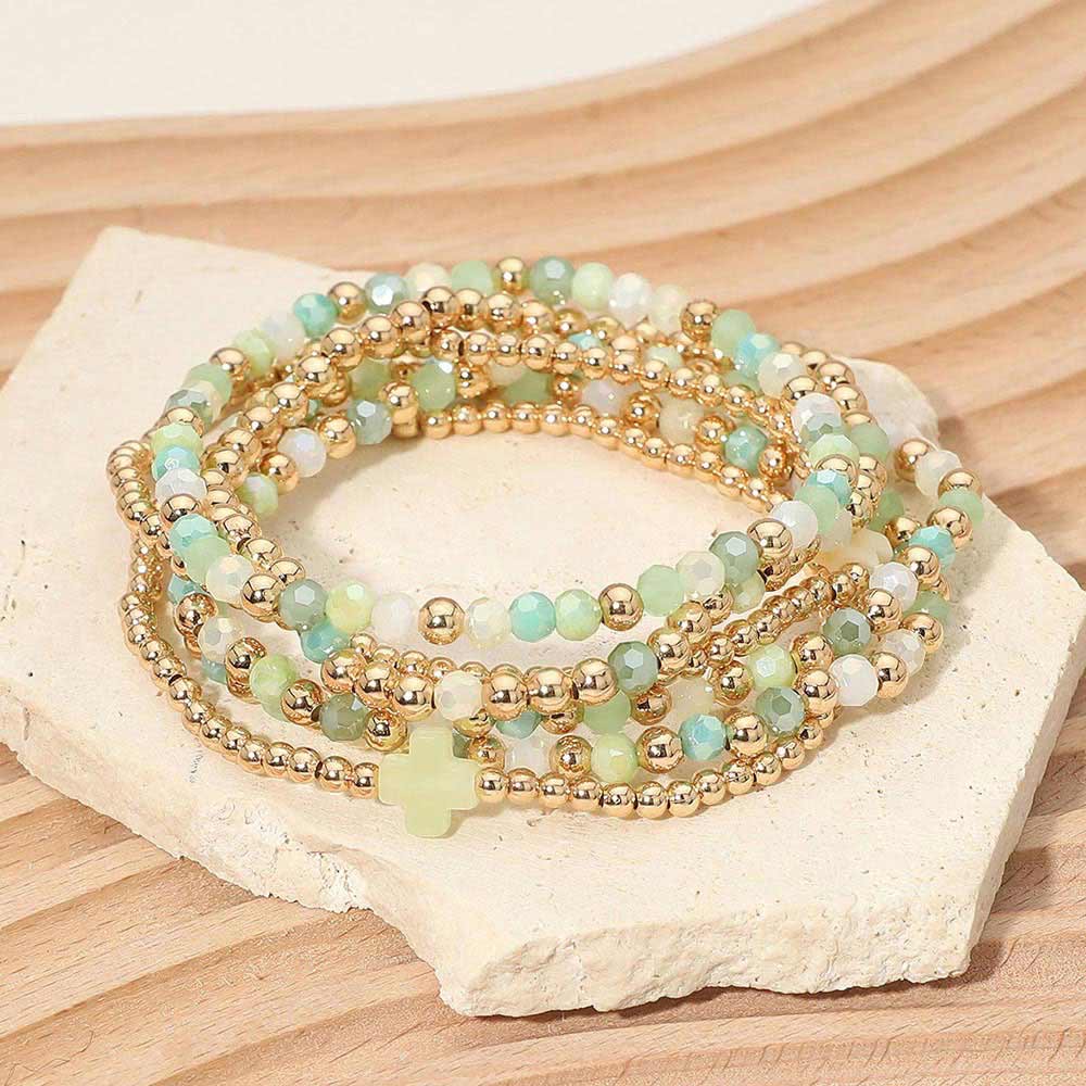 6PCS - Cross Charm Faceted Beaded Stretch Multi Layered Bracelets