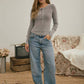 WASHED LONG SLEEVE RIBBED HENLEY KNIT TOP