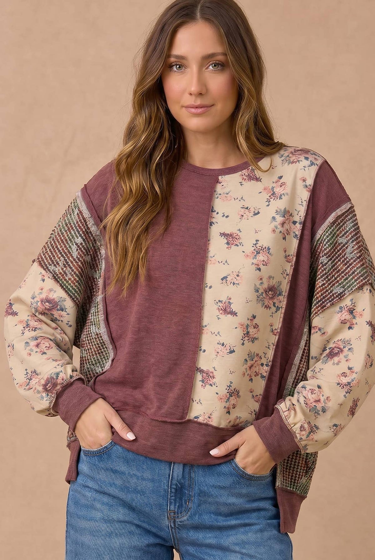 Plus Mixed Fabric Floral Waffle Knit Paneling Top