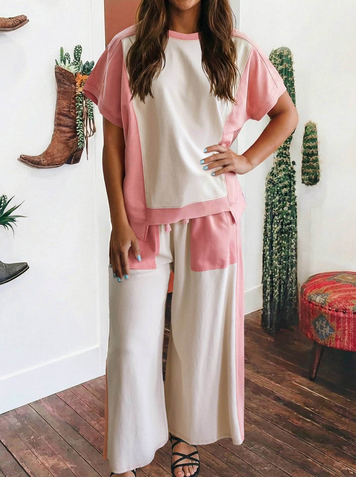 Summer Color Block Patchwork Tee Drawstring Loose Pant Set