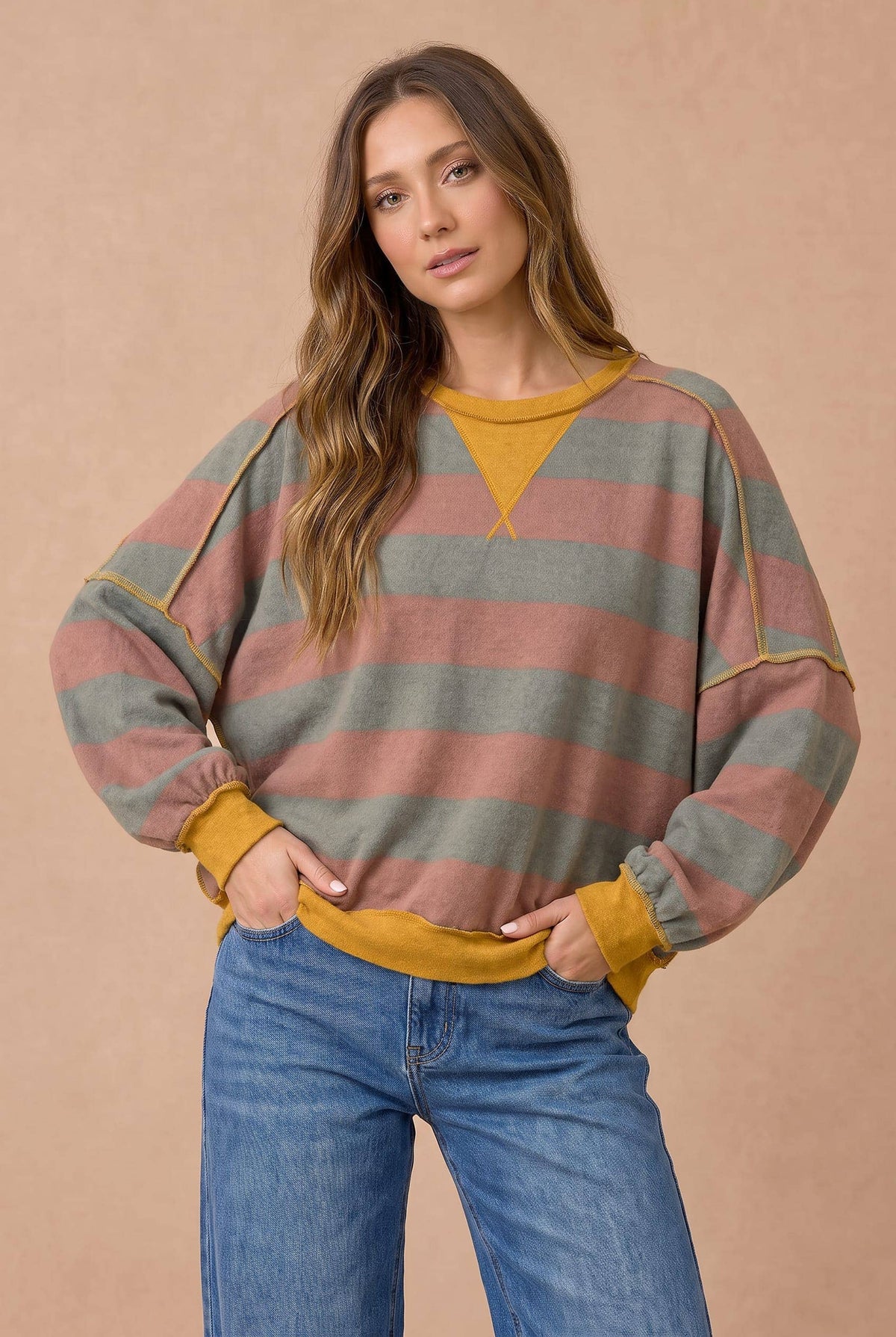Striped Color Block Hacci Pullover Top