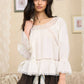 OFF-SHOULDER LACE TRIM FRONT TIE LONG SLEEVE TOP