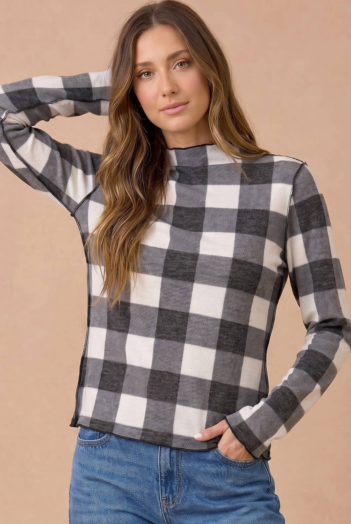Buffalo Check Mock Neck Long Sleeve Knit Top