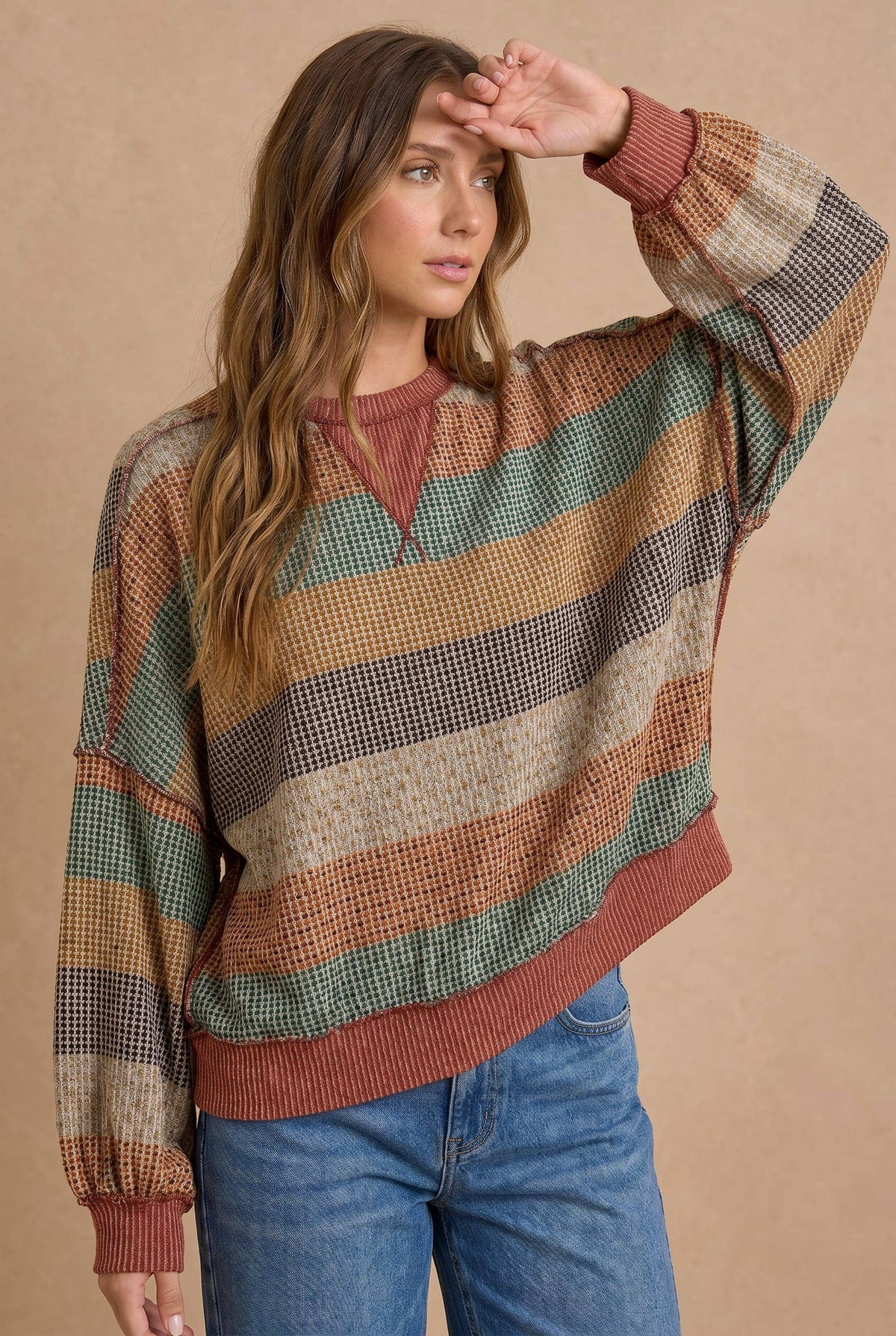 Stripe Waffle Wave Rib Banded Hem Pullover