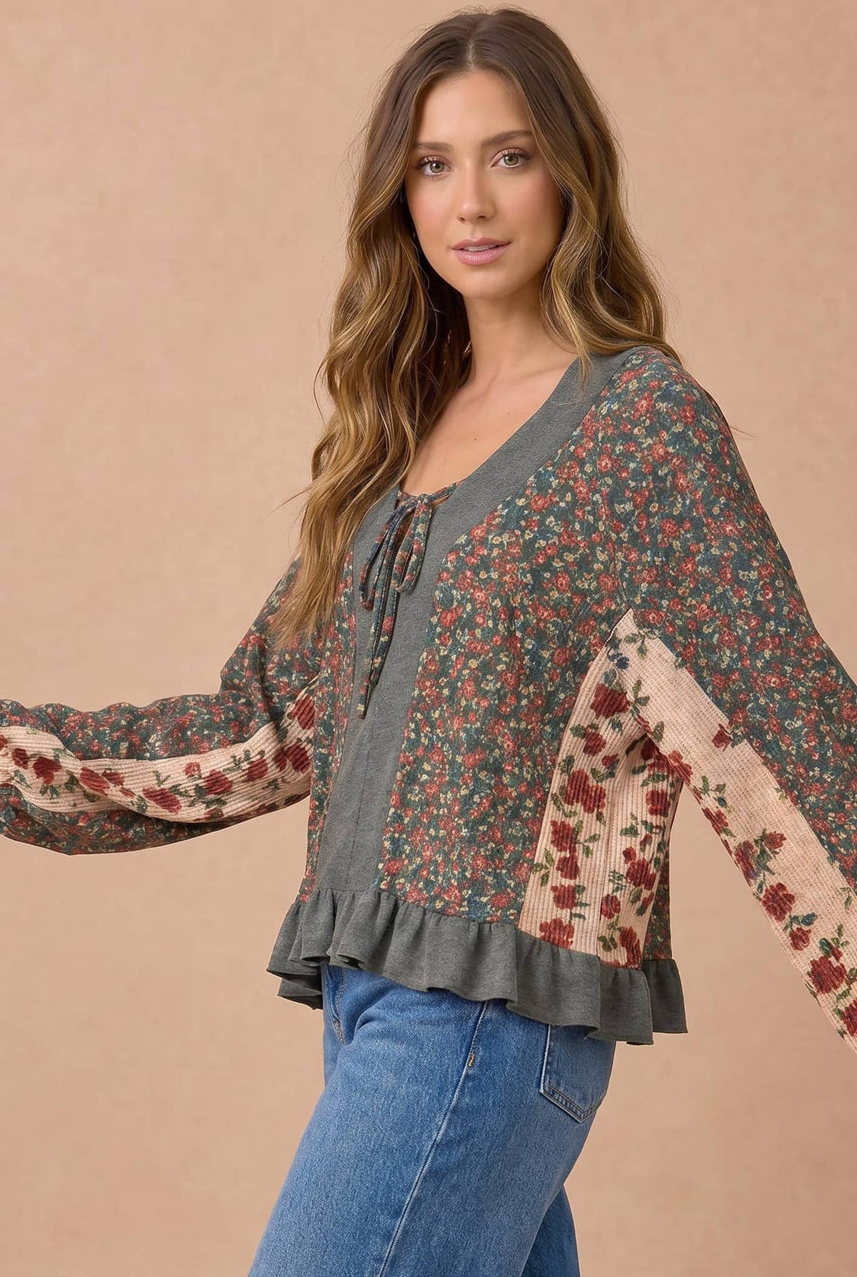 Plus Floral Patchwork Tie Front Ruffle Hem Top