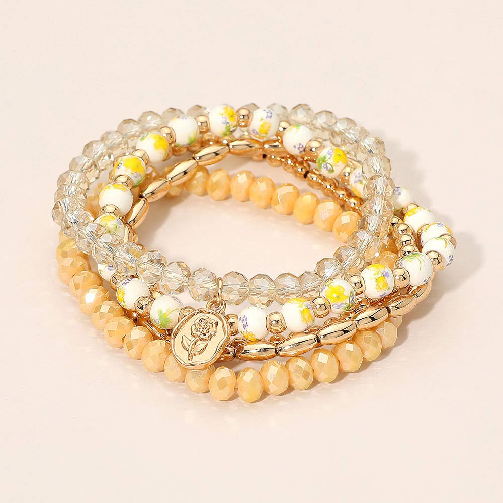 5PCS - Flower Stem Embossed Oval Charm Faceted Beaded Stretch Multi Layered Bracelets