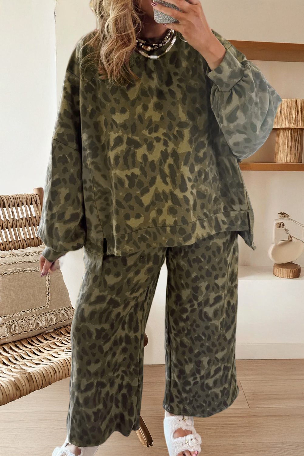 Brown Leopard Print Patchwork Pullover Drawstring Loose Pant Set