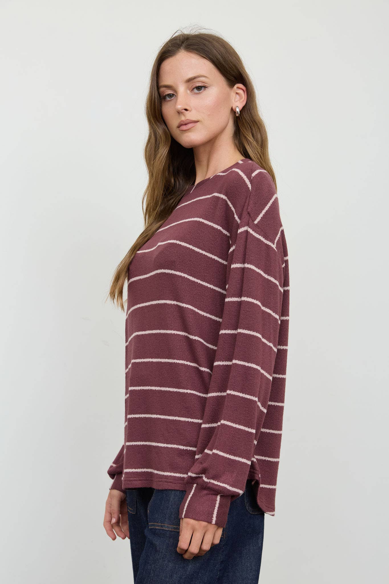 STRIPE LONG SLEEVE CUFFED RELAXED KNIT TOP
