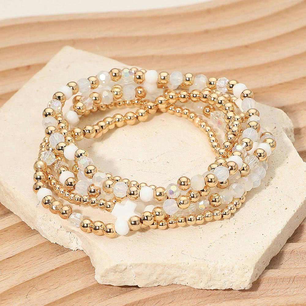 6PCS - Cross Charm Faceted Beaded Stretch Multi Layered Bracelets